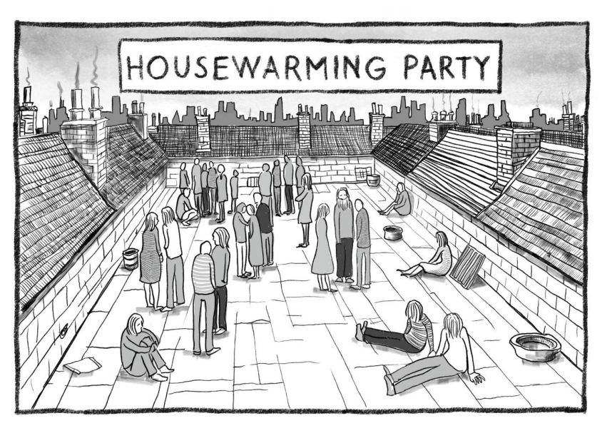 Cartoon: Dachterrasse mit vielen Gästen bei einer Housewarming-Party, Menschen stehen und sitzen, Stadtsilhouette im Hintergrund.